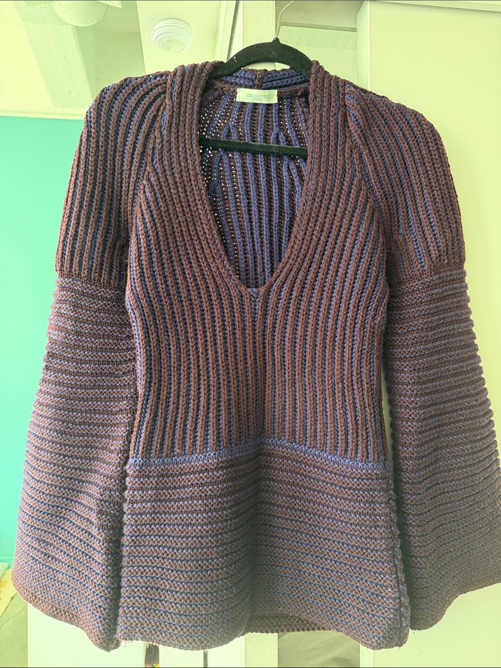 Emilio Pucci Two-Tone Deep V Ribbed Bell-Sleeve Sweater in Plum and Navy